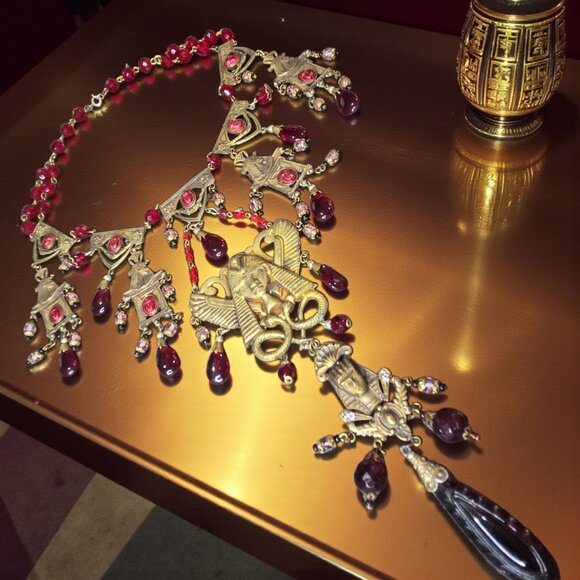 EGYPTIAN REVIVAL Massive Vintage Czech Ruby Glass Statement Necklace - Picture 1 of 6